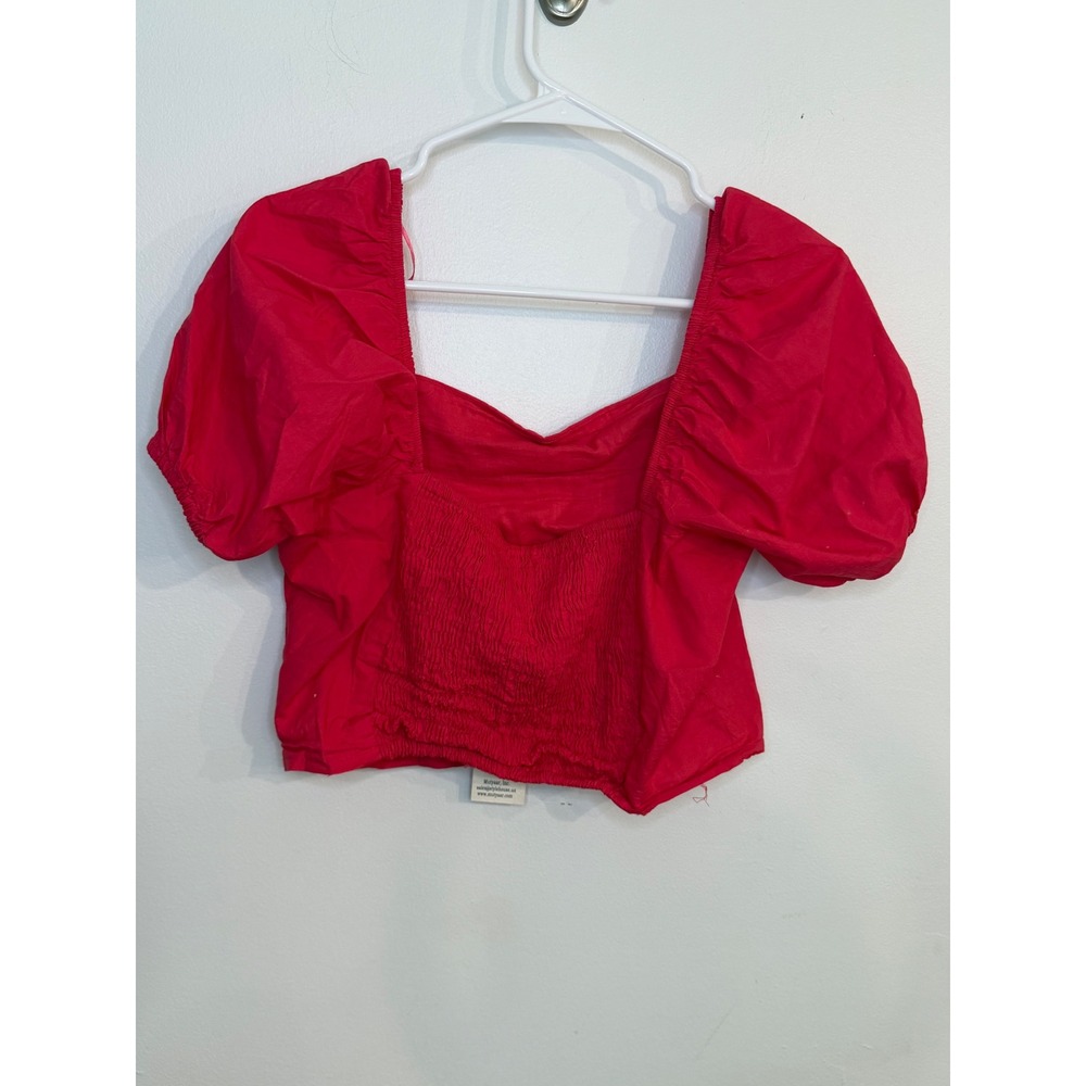 Sim & Sam Pink Puff Sleeve Crop Top Smocked Back Cotton NWT L - Picture 2 of 7